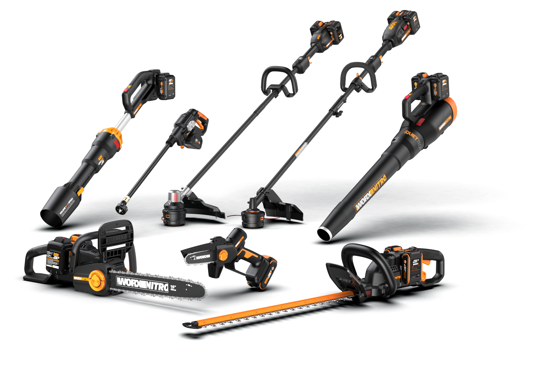 The Worx NITRO tools displayed together, including 2 leaf blowers, 2 string trimmers, a pruning saw, and a chainsaw